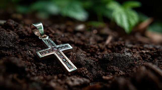 A silver cross pendant is on the ground. The pendant is surrounded by dirt and leaves