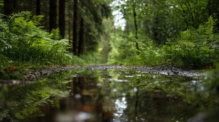 Obraz premium Close-up of water in the middle of a forest, a dirt path lined with ferns and trees, reflections of waterholes and pebbles on the side of the road, in a cinematic style.