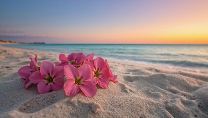 Fototapeta premium Pink Blooms on Sandy Shore, Serene Seascape at Twilight with Pastel Shades.