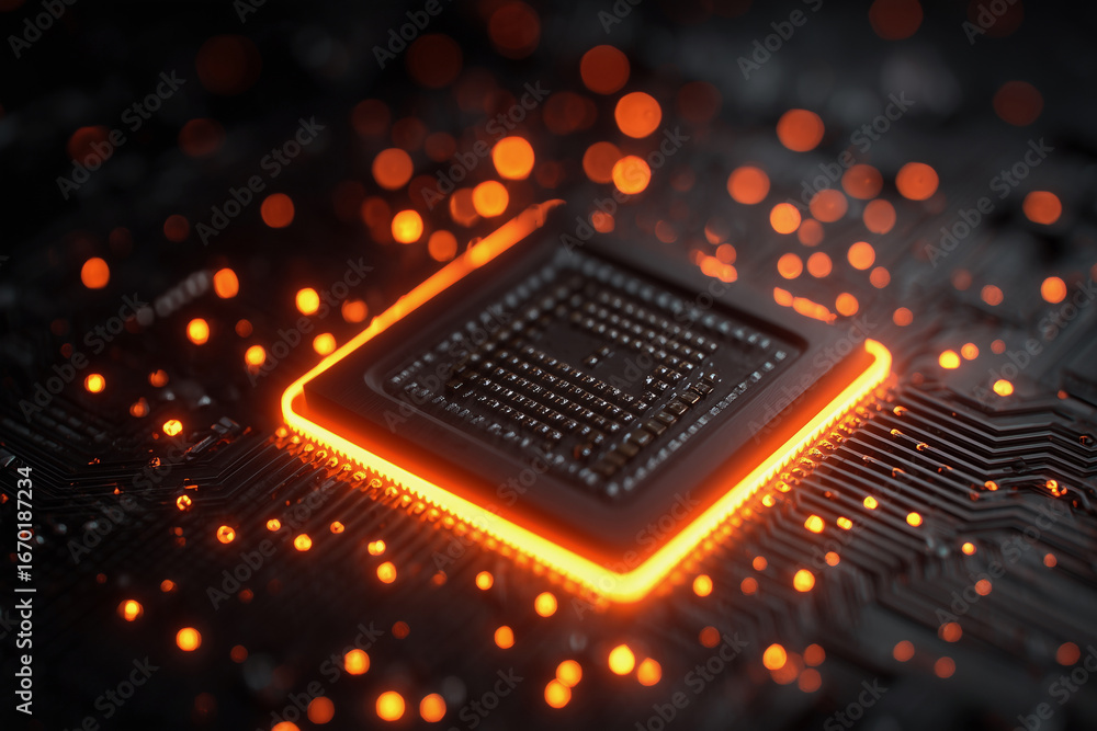 Poster a computer chip is lit up in a black background