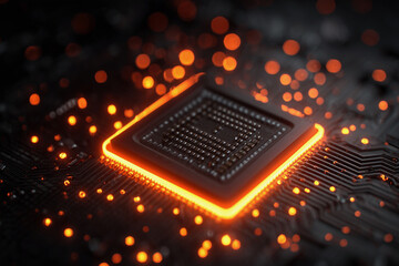 A computer chip is lit up in a black background