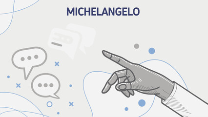 Abstract illustration of a hand pointing speech bubbles and design elements.