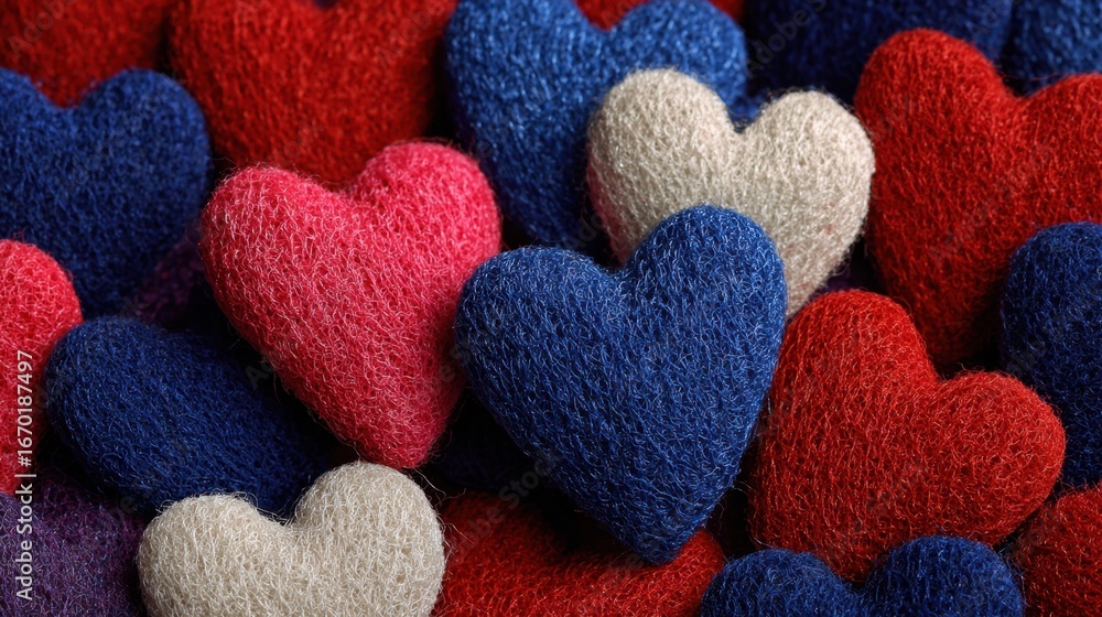 Poster a bunch of fuzzy hearts in different colors. the hearts are all different sizes and are arranged in 