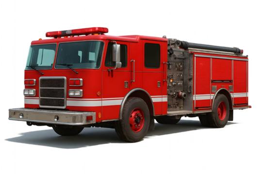 A vibrant red fire truck with an extended ladder is isolated on a white background, ready for an emergency rescue