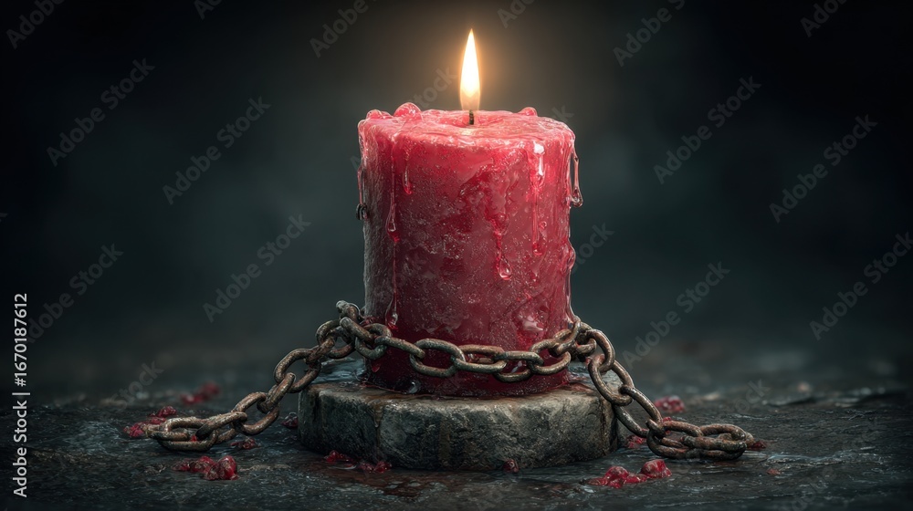 Poster a candle with a chain around it is lit. the candle is red and the chain is silver. scene is dark and