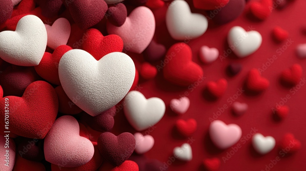Poster a bunch of hearts are scattered across a red background. the hearts are of different sizes and color