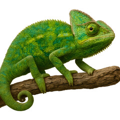 Obraz premium A funny, colorful reptile with bulging eyes, a chameleon on a branch, isolated on a white background