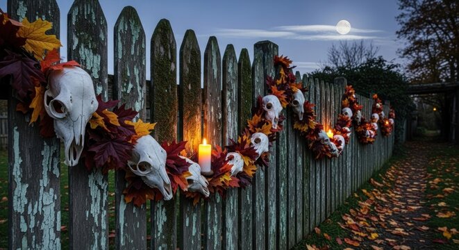 Spooky fence d?cor with skulls and fall leaves under a moonlit sky at dusk