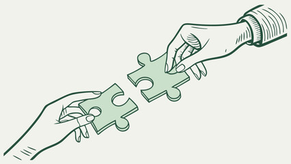 Two Hands Connecting Jigsaw Puzzle Pieces Teamwork Collaboration and Solution Concept Illustration.