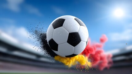 Naklejka premium High-speed soccer ball with fiery explosion on field