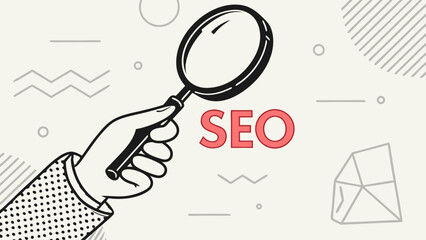 Hand holding magnifying glass over SEO text abstract background illustration.