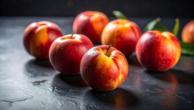 Vibrant peaches with reddish-yellow skin rest on a dark slate surface, enhanced by soft light