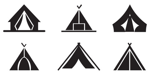Tent camp vector silhouette black icon. Minimalist silhouette collection of various tent styles. Editable vector pictograms isolated on a white background. Vector illustration.