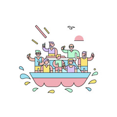 boat party with friends celebrating and toasting with drinks in a colorful boat under the sun ideal for summer fun and vacation promotions