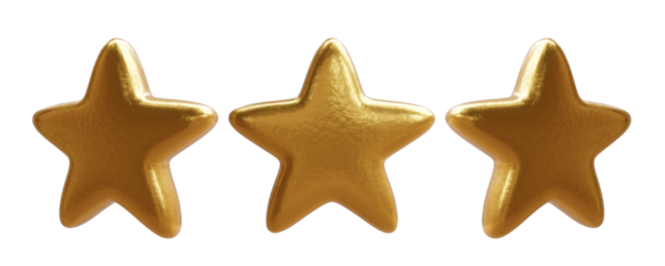 Three golden stars isolated on white, transparent. Rating and ranking sign symbol