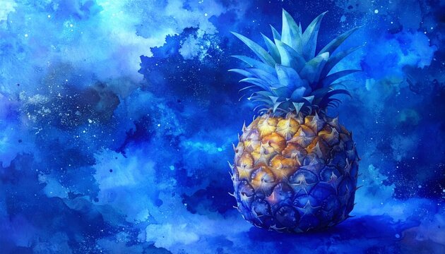 A painterly pineapple is set against a vibrant watercolor style blue cosmic background with stars.