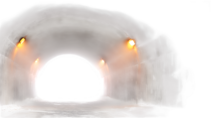 Dark foggy tunnel entrance glowing faintly with warm lights