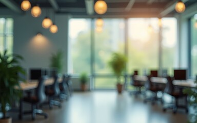 Modern business office without people with blurred bokeh background tables chairs computers plan  copy space green office concept : Generative AI. High quality