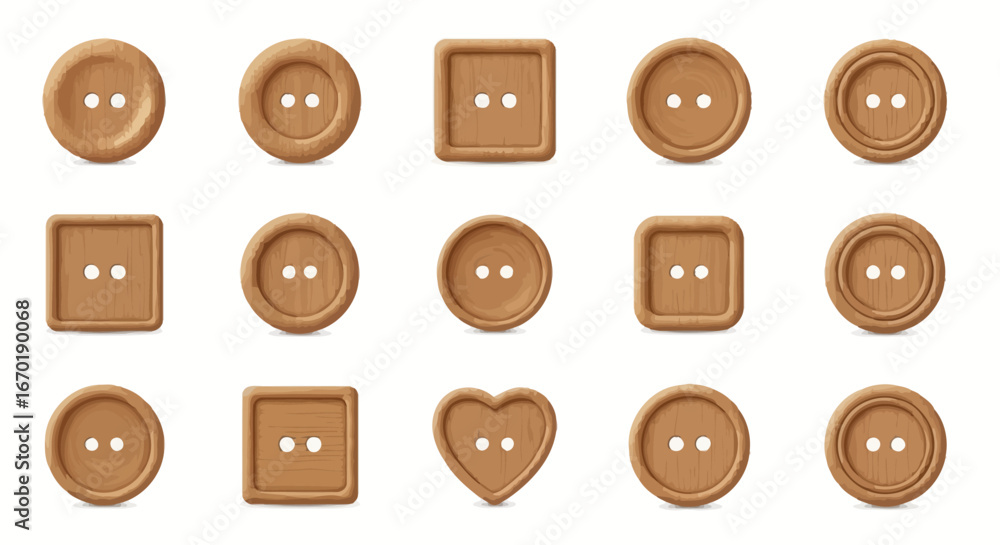 Poster vector icons set of collection of realistic wooden sewing buttons in various shapes isolated on a wh