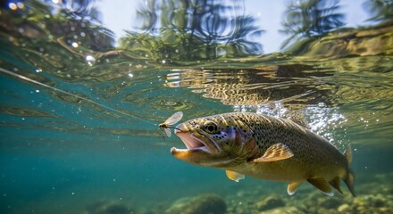 Fototapeta premium Trout swimming underwater while chasing a fly in clear water 