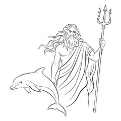 Storm God Poseidon Line Art – Mythical Vector Illustration Clean Divine Drawing – Poseidon Drawing – Line Art Drawing of Poseidon – Poseidon Icon – Greek God Vector