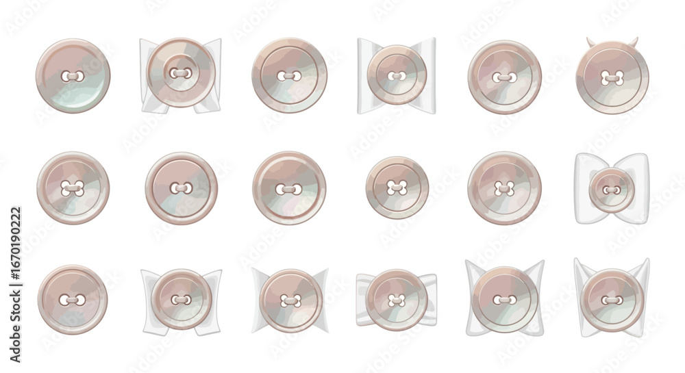 Poster vector icons set of collection of watercolor style iridescent mother of pearl buttons. vector illust
