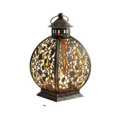 Illuminated ornate metal lantern with intricate cutouts casting warm ambient light indoors or outdoors transparent background