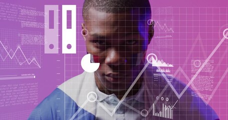 Man wearing tricolor drape cloud-laptop hovering sparking charts and map showing data in technology - Powered by Adobe