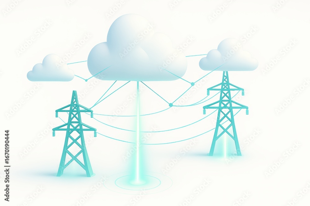 Poster Modern Electricity Distribution Concept with Clouds and Power Grid Connections in Soft Colors