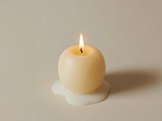 Still Life. Illuminated Sphere Candle with Melted Wax on a Soft Beige Surface.