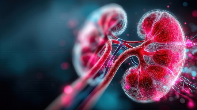 3D rendering of human kidneys with detailed blood vessels. The image highlights the organ's structure and function in the human body.