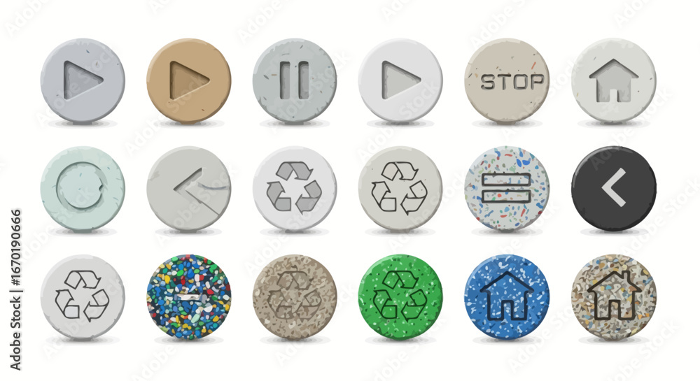 Poster vector icons set of eco friendly technology interface buttons with stone and recycled plastic textur