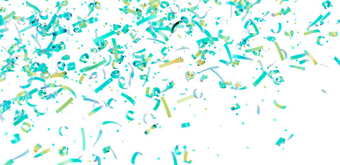 Celebrate with this festive image of teal and gold confetti falling on a white background. Perfect for party invitations, celebrations, and mor