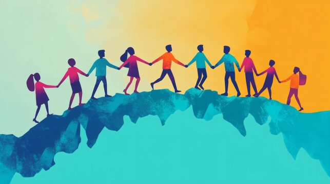 Diverse group of people holding hands and walking together across a mountain ridge, symbolizing unity and teamwork.