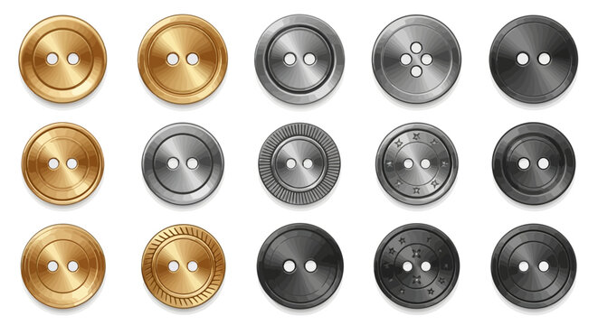 Vector Icons Set of Realistic metal clothing buttons set in gold silver and black isolated on white. Vector Illustrations. EPS Editable