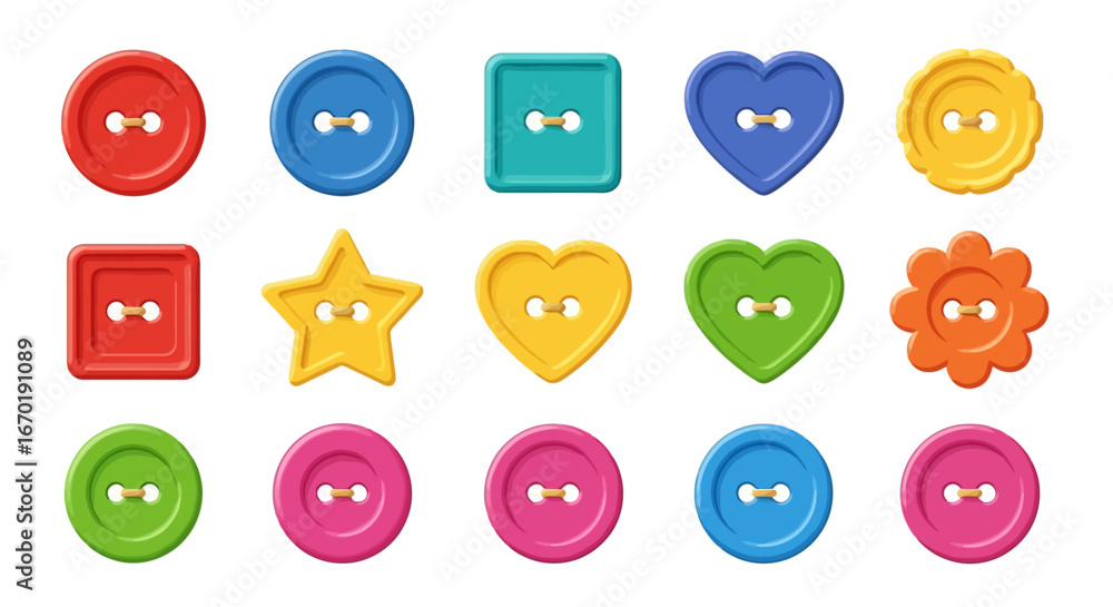 Poster vector icons set of vibrant collection of colorful sewing buttons in various shapes and sizes. vecto