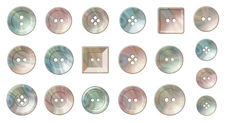 Vector Icons Set of Set of realistic mother of pearl buttons in various shapes and sizes. Vector Illustrations. EPS Editable