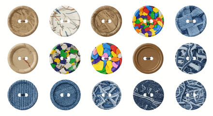 Fototapeta premium Vector Icons Set of Set of various sewing buttons including denim recycled plastic and classic styles isolated on white background. Vector Illustrations. EPS Editable