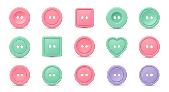 Vector Icons Set of Set of Pink Green and Purple Plastic Sewing Buttons Isolated on White Background. Vector Illustrations. EPS Editable