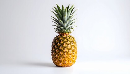 Isolated pineapple presents its vibrant yellows and greens in studio lighting on a white background.