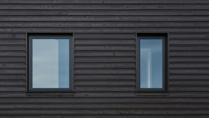 Fototapeta premium Two Windows on a Dark Wood Facade, Horizontal Planks with Visible Grain.