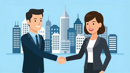 Professional Business Handshake Flat Design Illustration: Man and Woman Seal a Deal, Partnership, Agreement, and Successful Corporate Collaboration with Cityscape Background. - Powered by Adobe