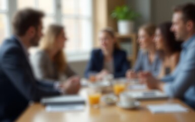 A blurred background of professionals interacting over a business brunch meeting. High quality