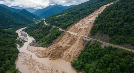 Mudslide covering mountain road with river in lush valley  
