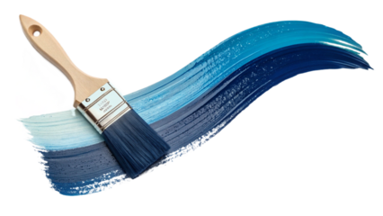 Paintbrush with wooden handle creates wavy light and dark blue strokes on transparent background for packaging and digital design assets and promotional web banners and product mockups