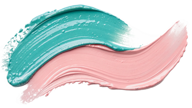 Turquoise and pink brushstrokes create dynamic curved color elements on transparent background for beauty packaging and promotional web banners and product mockups and product mockups