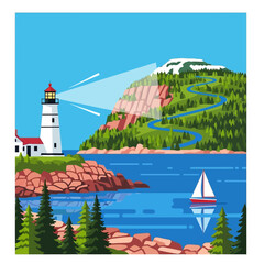 Maine coast landscape scenic lighthouse shining on a rocky shoreline with sailboat sailing evoking tranquility for travel and coastal tourism marketing. © Fadilah