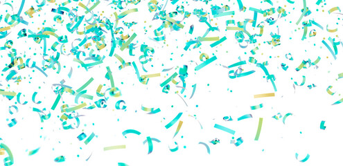 Festive teal and gold confetti falling on white background. Perfect for party invitations, banners, and celebrations.