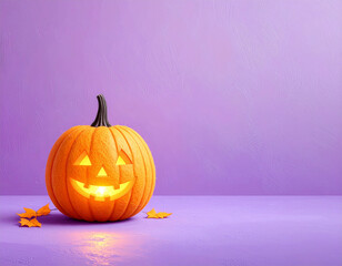 Cute glowing felt pumpkin lantern with smiling face on pastel background, symbolizing Halloween, fun, childhood joy, celebration, warmth, creativity, and seasonal festivity.