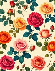 A Vibrant Tapestry of Vintage Botanical Roses in Full Bloom.